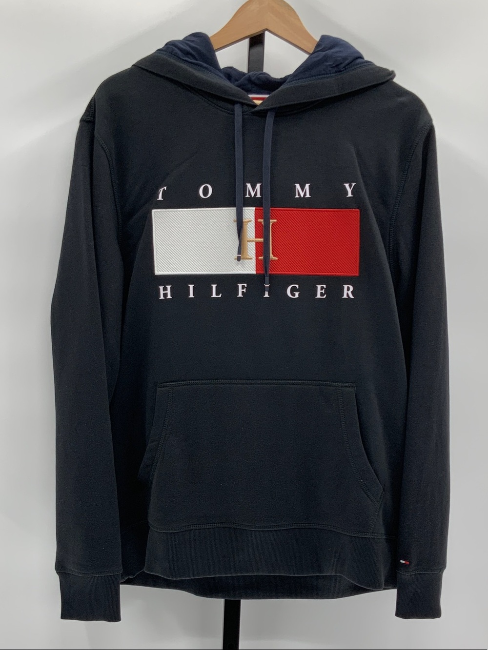 Tommy Hilfiger Navy Hoodie with Red & White Logo Panel